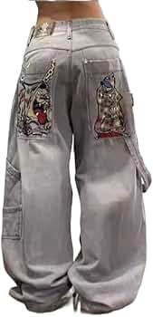 Sudiup Men's and Women's Y2K Hip-hop Street Jeans Skeleton Print